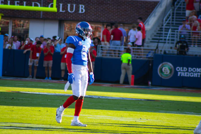 Ole Miss Rebels cornerback Zamari Walton (6) on the field versus the LSU Tigers in Week 5 (2023).